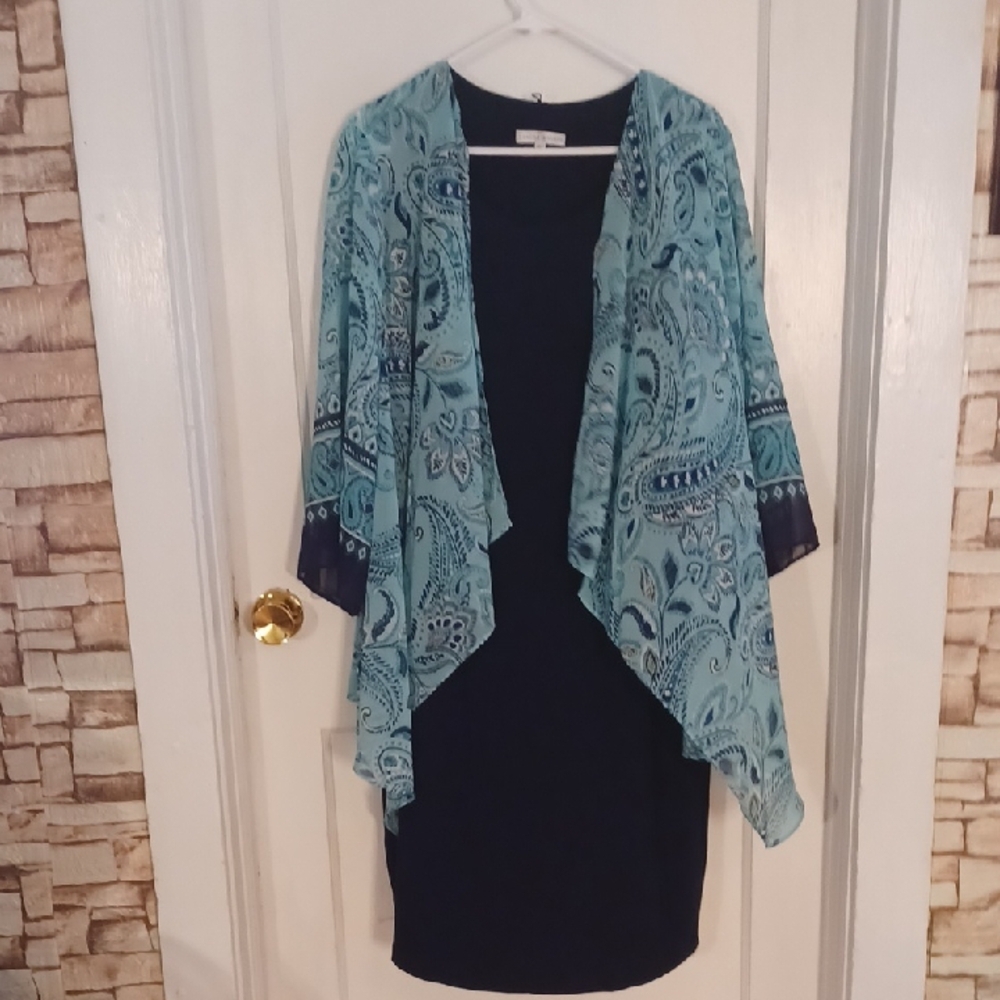 Sandra Darren Teal Paisley Poncho Sweater